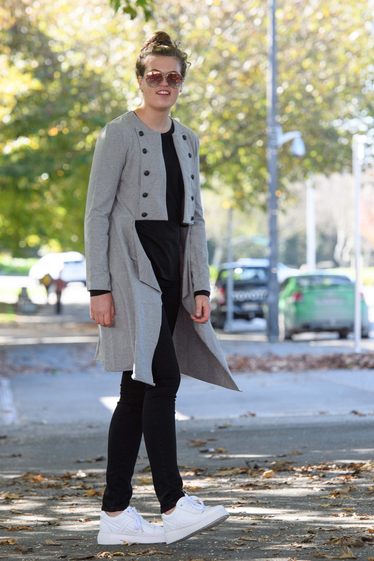 Tall woman wearing X Lab Coat Gray style shot