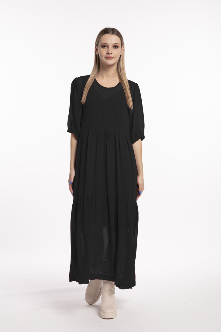 Tall Woman Wearing Style X Lab Joy Dress Black Front View