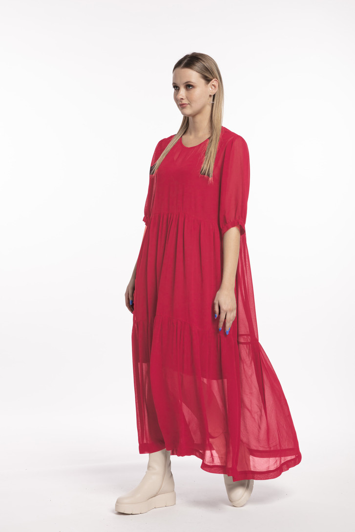 Tall Woman Wearing Style X Lab Joy Dress Rose Side View