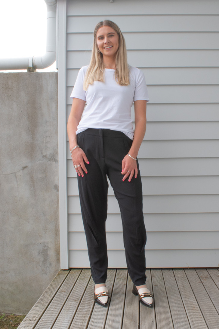 Tall woman wearing Style X Lab Winter Wonderland Pant Black Front View