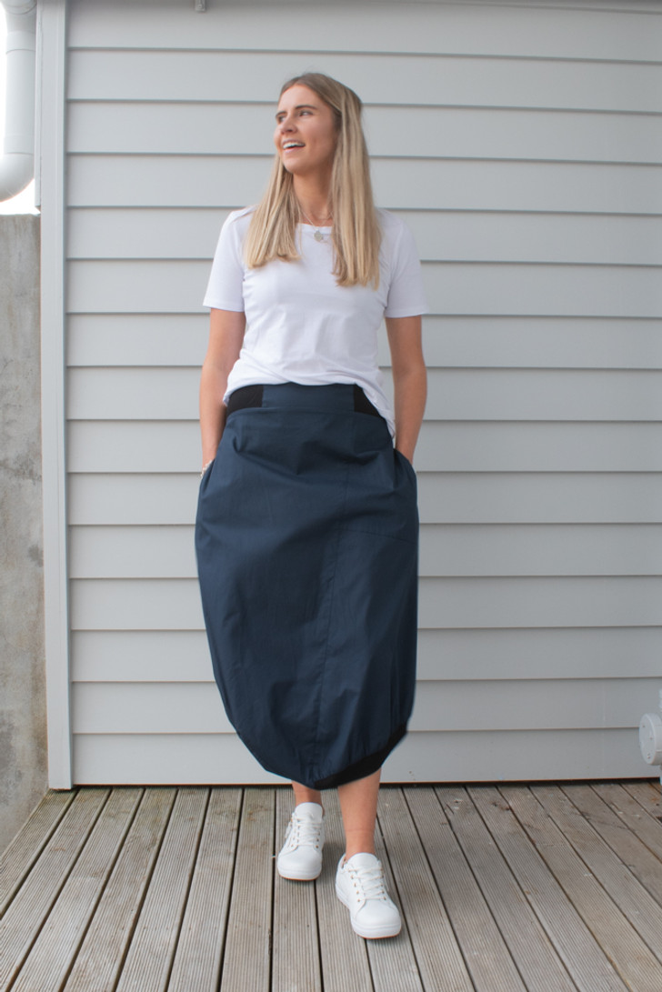 Tall Woman Wearing Frost Noir Skirt Navy Front View pockets