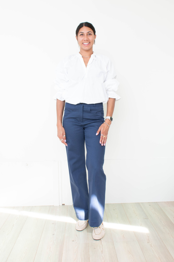 Brush Stroke Jean Navy Denim on tall woman, front view