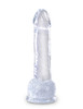 Side profile of King Cock Clear 7 inch Dildo with Balls demonstrating the realistic curved shaft, detailed veins, and sturdy suction cup base
