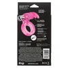 CalExotics Triple Clit Flicker packaging back featuring triple curved prong clitoral teaser, powerful removable vibrating bullet, stretchy erection keeper ring, waterproof design, and benefits of the mutual pleasure enhancer