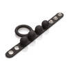 Full view of CalExotics Medium Weighted C-Ring Ball Stretcher highlighting the stretchy silicone ring, four embedded weights, and three snaps for customized scrotum support