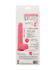 CalExotics Studs 7 inch Rumbling & Thrusting Silicone Dildo packaging back featuring 10 vibration, pulsation and escalation modes, powerful thrusting, IPX7 waterproof design, memory chip, travel lock, and benefits of the rechargeable silicone stud