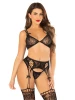 Leg Avenue 3pc Lace Bra Top, G-String, & Garter Belt Stockings front view - Black