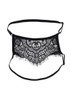 Veiled Vision lace blindfold laid flat, black floral panel facing forward with straps extended.