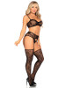Leg Avenue 3pc Lace Bra Top, V Front G String, & Garter Belt Stockings - Black