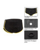 CalExotics Boundless Black & Yellow Brief harness laid flat showing its brief-style black and yellow design, soft stretchy fabric, reinforced O-ring, and internal pocket for secure probe attachment
