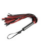 Sportsheets Saffron Flogger in red and black vegan faux leather showing the full 23 inch design with 30 long falls and sturdy 6 inch metal handle with convenient hanging loop