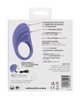 CalExotics Connect App Based Couples Ring packaging back featuring 9 vibration functions, app-based remote control, 1.5 inch stretchy inner diameter, waterproof rating, and benefits of the purple silicone couples ring
