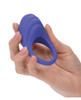 Full view of CalExotics Connect purple silicone app-controlled couples ring highlighting its ergonomic stretchy shape, internal pleasure ridges, and compact rechargeable body