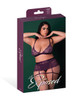 Exposed Leather & Lace Collection Bralette Garter Skirt & Thong Set retail box front displaying bold branding, rich plum galloon lace with wet-look cire accents, gold-tone hardware, and the complete 3-piece lingerie set