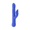 Side profile of Evolved Pop Goes The O Triple Motor Thrusting Rabbit demonstrating its ergonomic pink silicone curve, thrusting shaft, popping mouth, and rabbit for perfect body-hugging fit