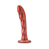 Side profile of Temptasia Jealousy Peg Red Rouge demonstrating its elegant curve, 6.75 inch insertable length, smooth tapered tip, and full 7 inch red silicone body