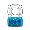 Play With Me Pleaser Rechargeable C-Ring in stretchy blue tpe showing its full circular design with built-in vibrating motor for powerful erection support and clitoral stimulation during play