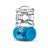 Side profile of Play With Me Pleaser Rechargeable C-Ring demonstrating its seamless blue tpe construction and ergonomic vibrating motor placement