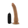 Side profile of Dr. Skin 8.5 inch Vibrating Cock with Suction Cup demonstrating its realistic curve, 8 inch insertable length, 2 inch girth, and full realistic PVC construction with suction cup base