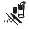 Full layout of CalExotics Penis Extender Kit displaying the stretchy silicone strap, dual silicone rods, 4 threaded extension rods, foam ring padding, and pivoting seamless base arranged for easy assembly and customization