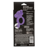 CalExotics Dual Rockin' Rabbit packaging back featuring stretchy silicone support ring with tantalizing rabbit ears, 7 vibration/pulsation/escalation functions, state-of-the-art memory chip, USB rechargeable, waterproof, and benefits of the powerful vibrating couples ring