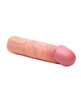 Side profile of Jock Enhancers 1.5 inch Realistic Silicone Penis Extension demonstrating its realistic curved shape, pink mushroom head, thick veined shaft, and trimmable base