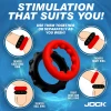 Stacked view of JOCK Enhancers Weighted Silicone C-Rings demonstrating how both rings can be worn together for increased weight and a tighter, more pronounced effect