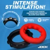 Full set of JOCK Enhancers Weighted Silicone C-Rings showing the red 1.1 inch and black 1.2 inch rings with internal metal beads for added weight and a fuller, thicker feeling erection