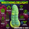 Creature Cocks Squirmer Thrusting & Vibrating Silicone Dildo in premium body-safe silicone showing its full caterpillar-shaped yellow-green shaft with textured round knobs, powerful thrusting and vibration, and suction cup base