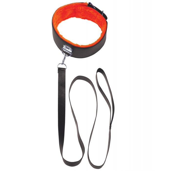 Orange Is the New Black Short Leash complete set showing the soft orange fur-lined neck collar, sturdy leatherette band, strong metal clips, and short leash for controlled and sensual play
