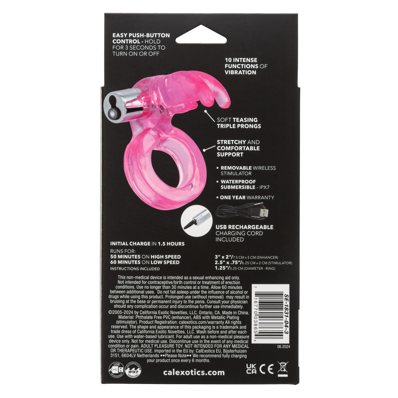 CalExotics Triple Clit Flicker packaging back featuring triple curved prong clitoral teaser, powerful removable vibrating bullet, stretchy erection keeper ring, waterproof design, and benefits of the mutual pleasure enhancer