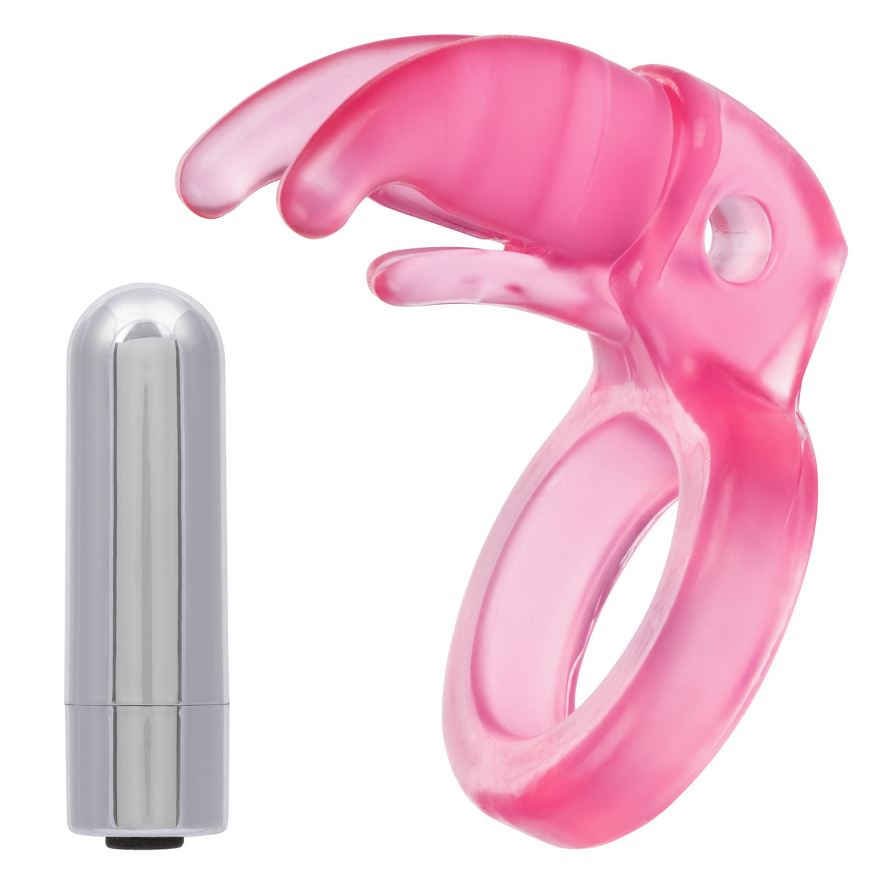 Side profile of CalExotics Triple Clit Flicker demonstrating the contoured erection support ring and triple prong clitoral stimulator for comfortable and effective wear