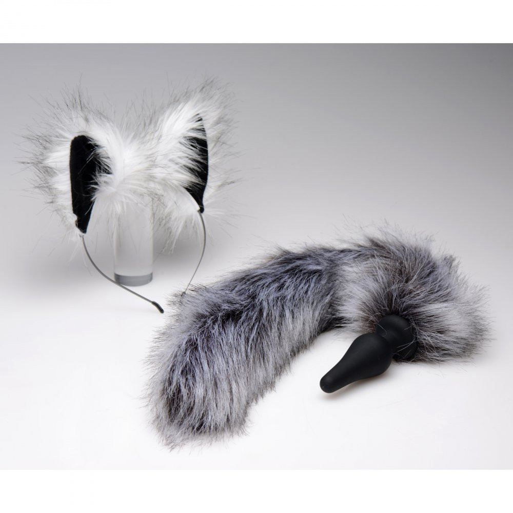 Full layout of Tailz Grey Wolf Tail Anal Plug & Ears Set highlighting the tapered silicone plug, ultra-soft grey wolf tail, and adorable matching ears headband