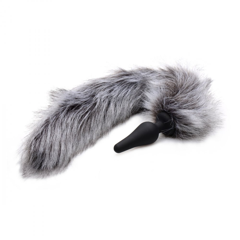 Close-up of the grey wolf tail anal plug from Tailz set showcasing the ultra-soft fluffy faux fur and tapered silicone base for easy insertion