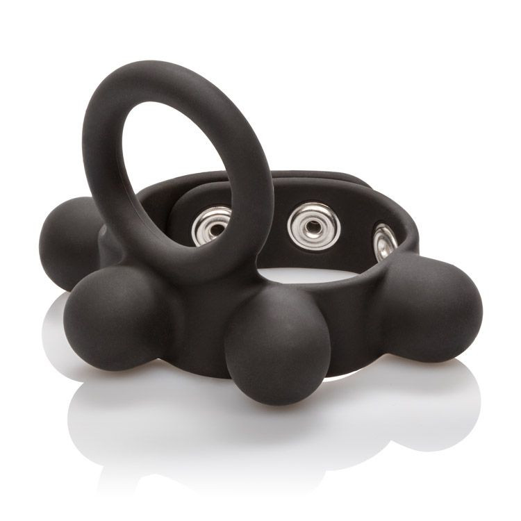 CalExotics Medium Weighted C-Ring Ball Stretcher in premium silicone showing its full design with embedded weights, stretchy erection ring, and adjustable snaps for intense scrotum stretching