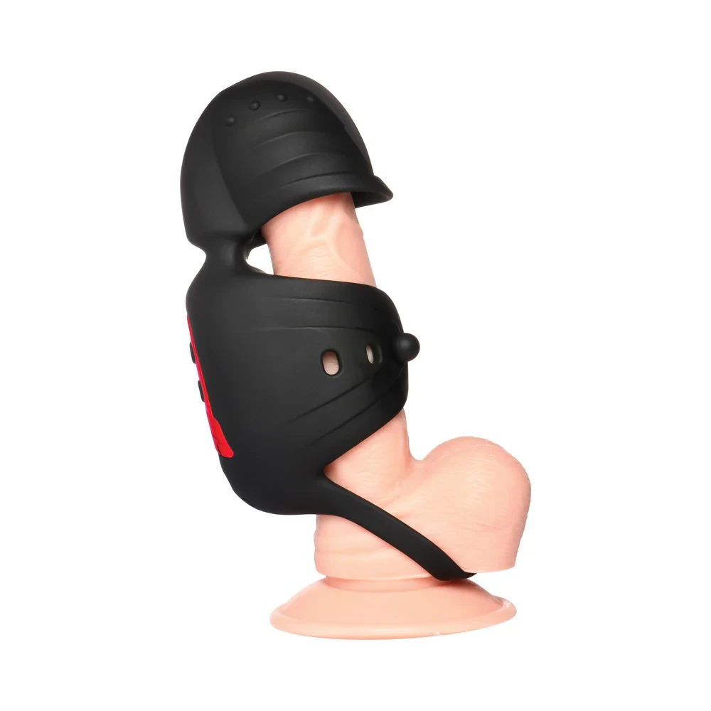 JOCK Advanced Helmet Humper Gyrating & Vibrating Silicone Masturbator shown ready for use with dedicated gyrating head chamber, vibrating shaft sleeve, adjustable pressure, and stretchy base ring for intense hands-free dual stimulation