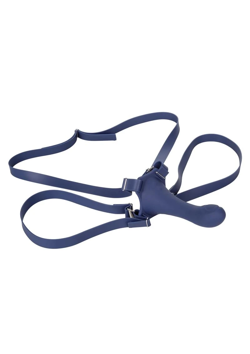 Full layout of CalExotics Her Royal Harness ME2 Thumper Vibrating Strap-On highlighting the dual-motor probe, curved G-spot tip, contoured base, and removable ultra-stretchy silicone waist and thigh straps