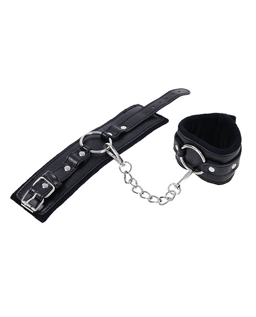Sex & Mischief Shadow Handcuffs set in black faux leather with silver-tone hardware and chain
