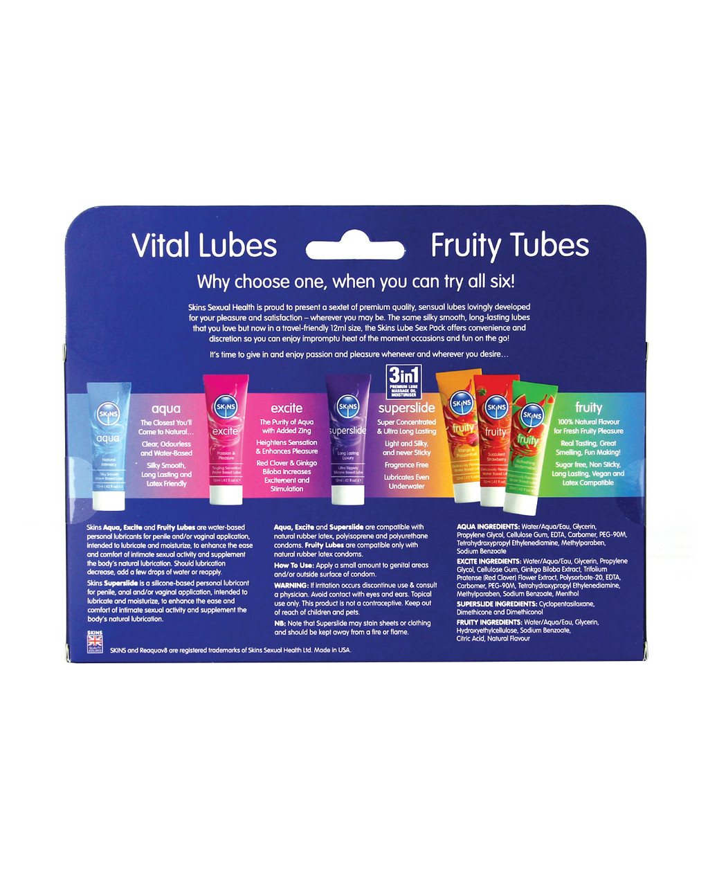 Retail packaging back view for Skins Vital Lubes & Fruity Tubes 6 Pack