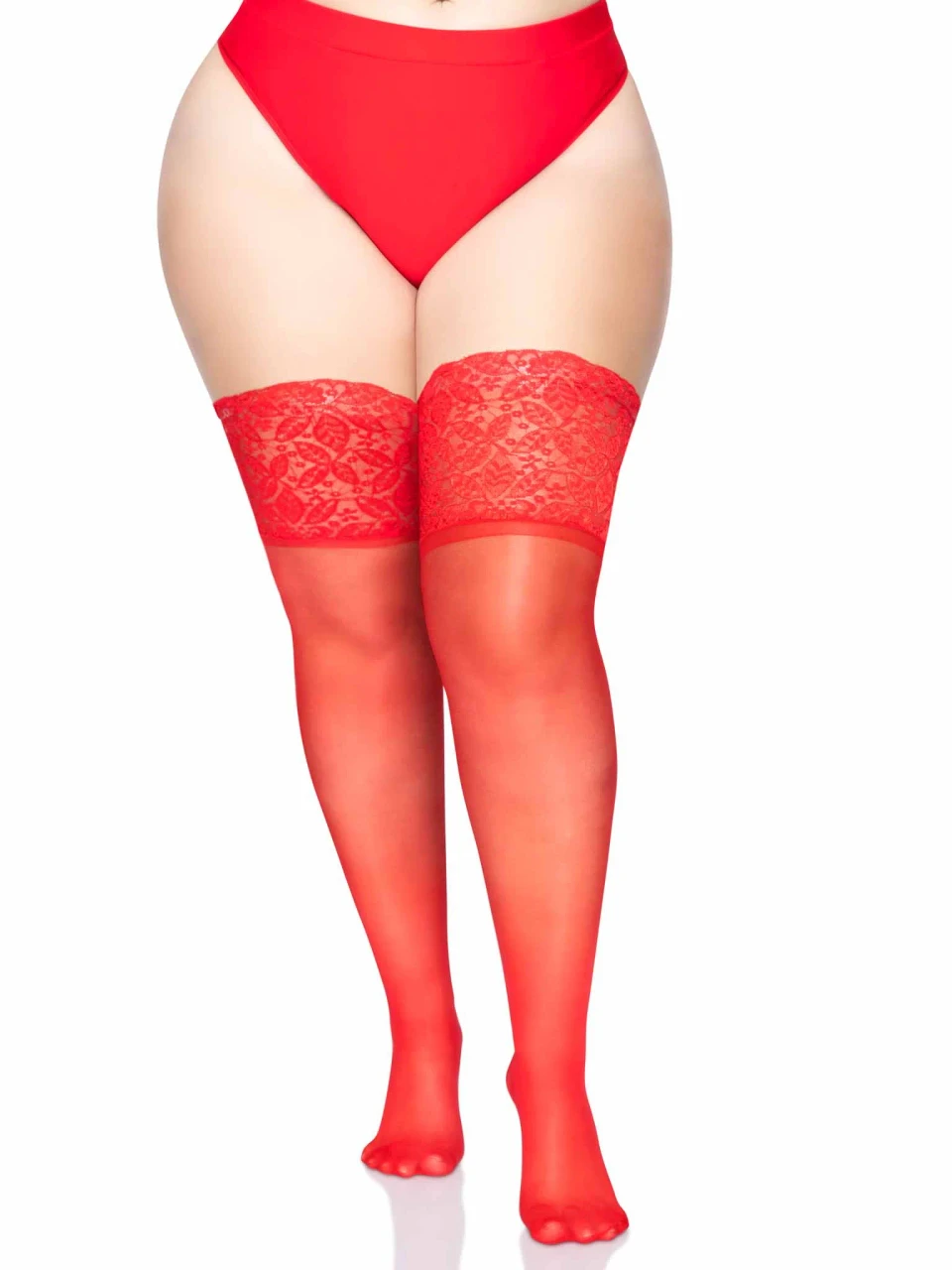 Leg Avenue Spandex Sheer Thigh Highs with 5" Silicone Stay Up Lace Top - Queen Size - Red