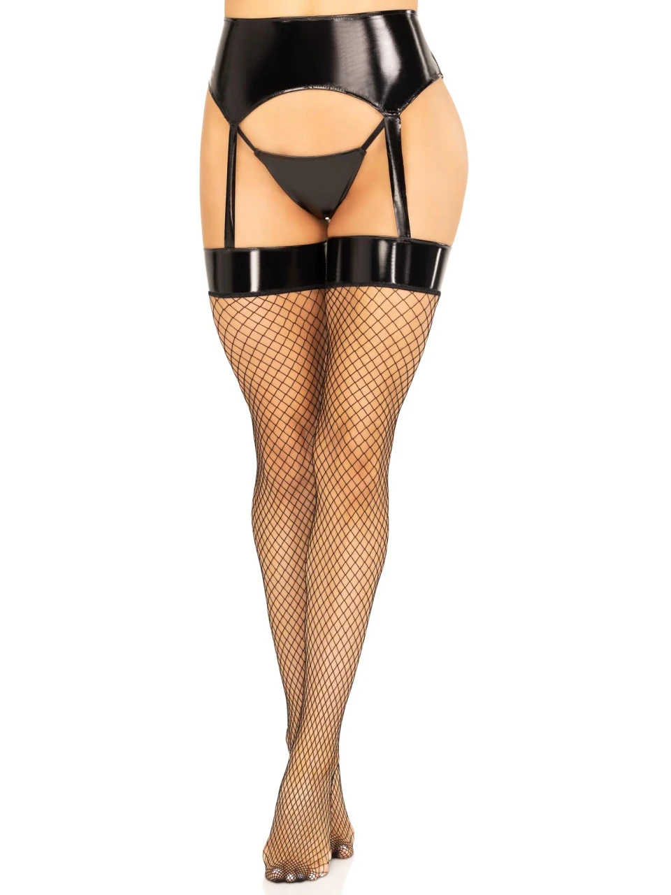 Leg Avenue 2pc Vinyl Garter Belt Fishnet Stockings & G-String front view