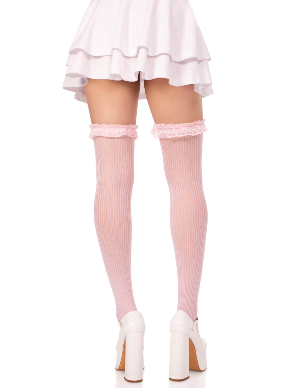 Leg Avenue Lace Garter Sheer Striped Thigh Highs - Pink
