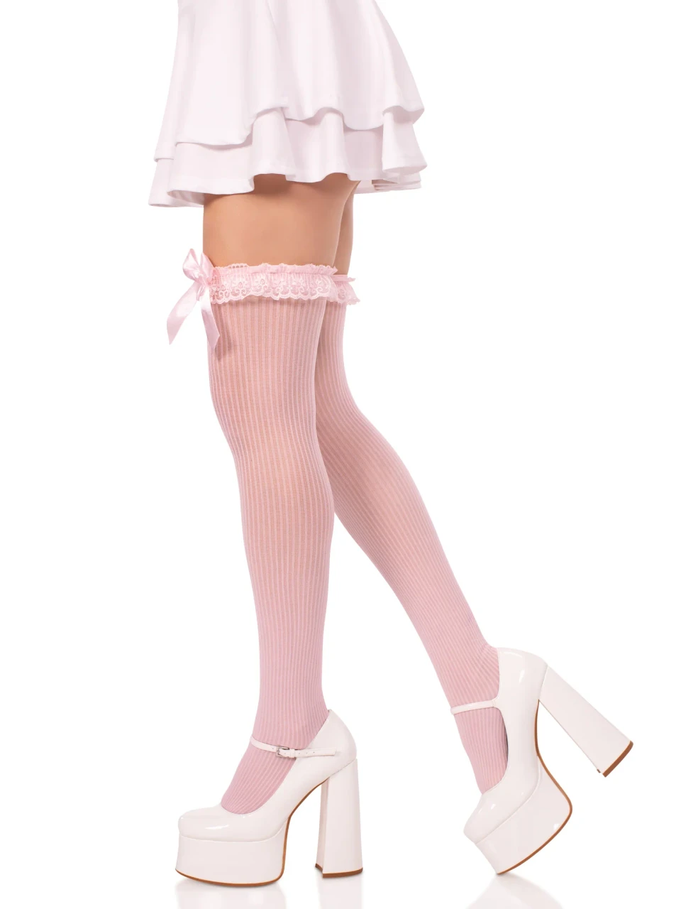 Leg Avenue Lace Garter Sheer Striped Thigh Highs - Pink