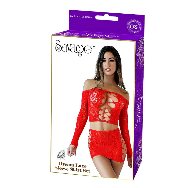 Be Savage Dream Lace Sleeve Skirt Set - Red