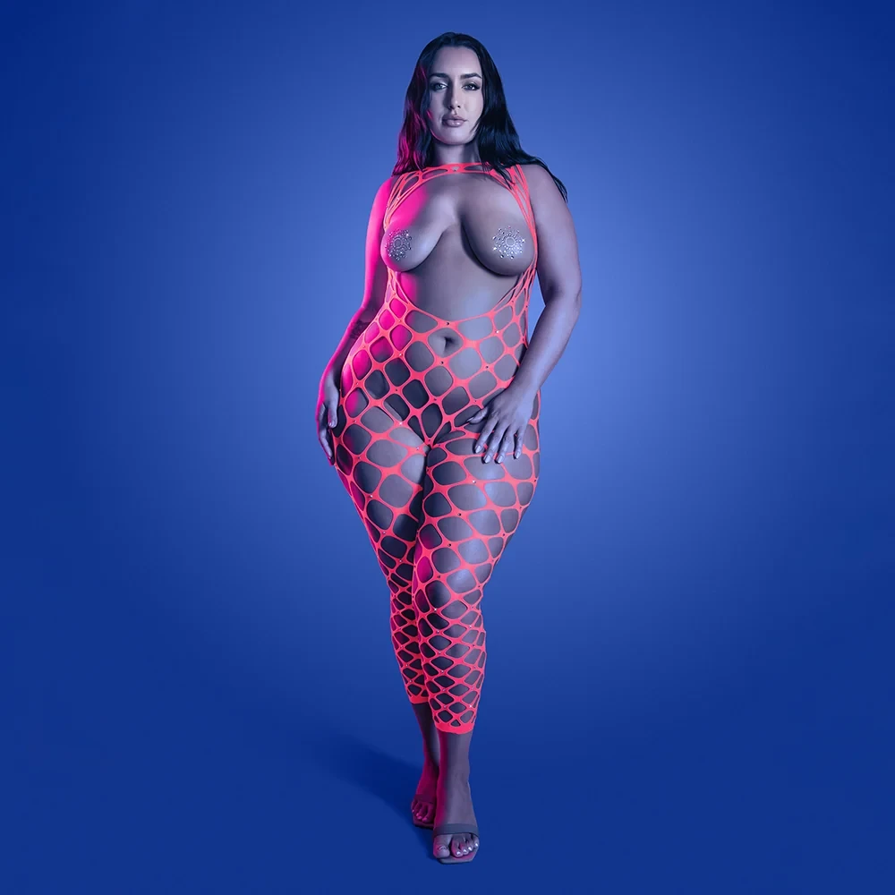 Glow Want It All Reversible Bodystocking & Rhinestone Pasties - Queen Size