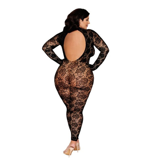 Dreamgirl Gloved Rose Pattern Fishnet Catsuit Bodystocking - Queen Size