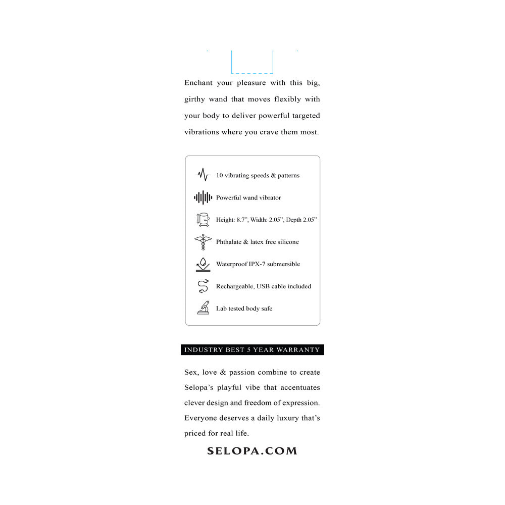 Back of Selopa Merlin wand packaging with product features and specs