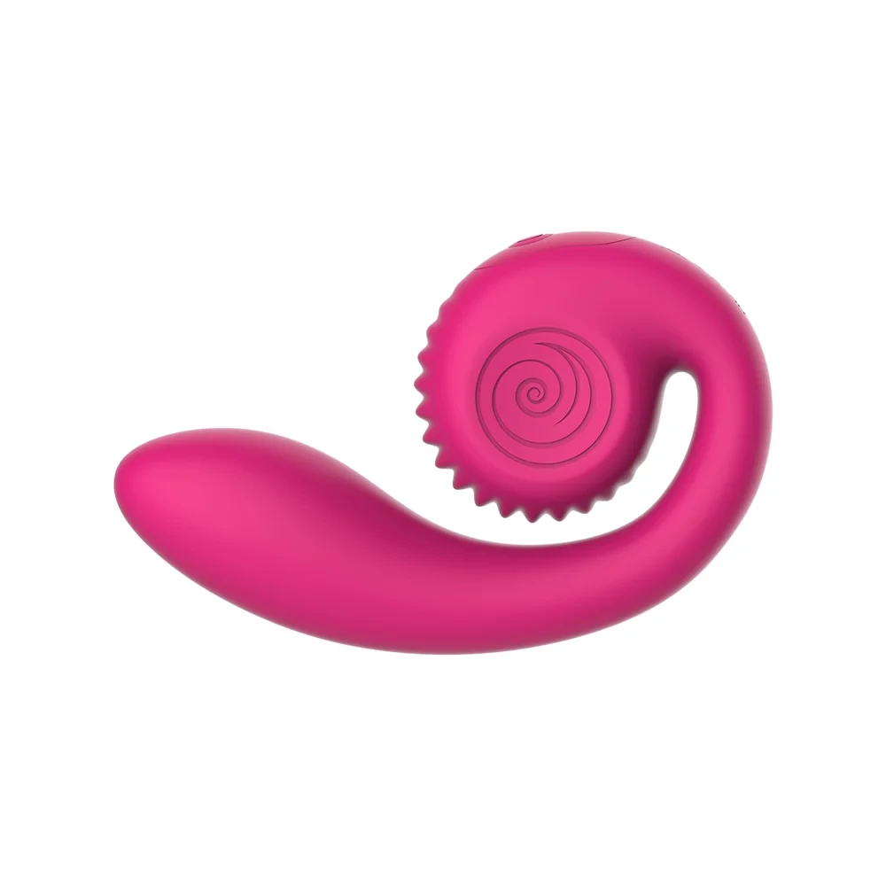 Side view of the SVibe GIZI Lite in Sweet Dragonfruit pink, highlighting the adaptive curved shaft and compact snail-inspired silhouette.