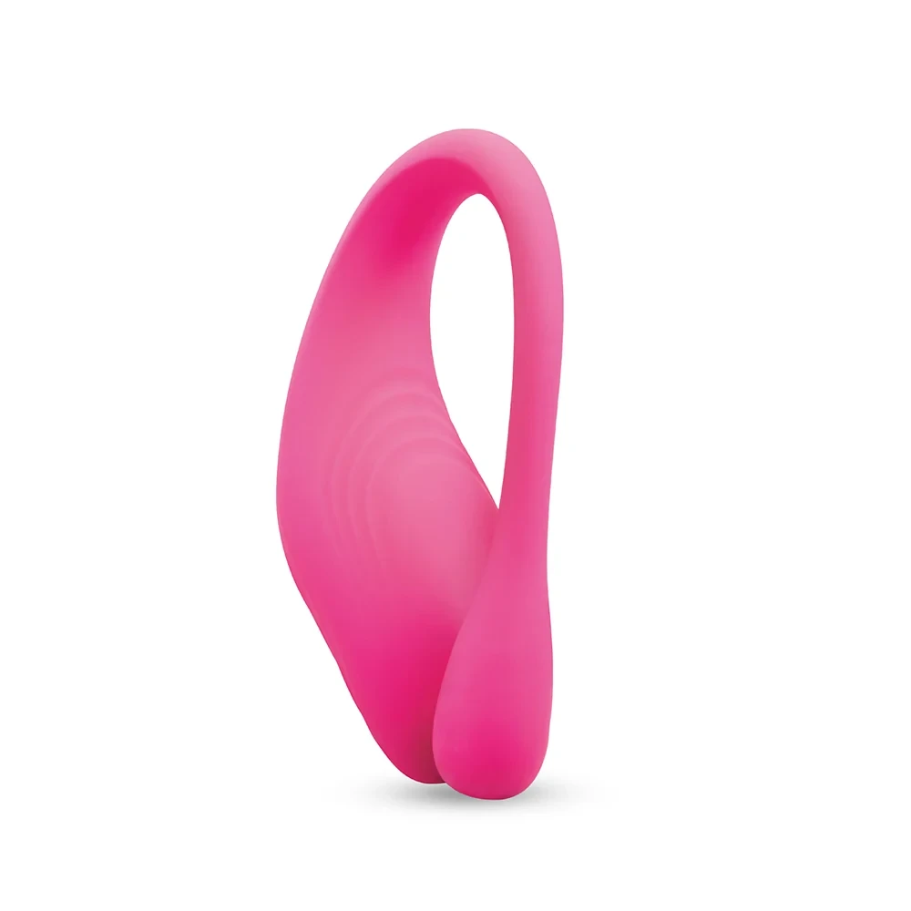 Close-up of medium Together Ménage à Trois hot pink silicone egg showing the ribbed texture and retrieval cord.