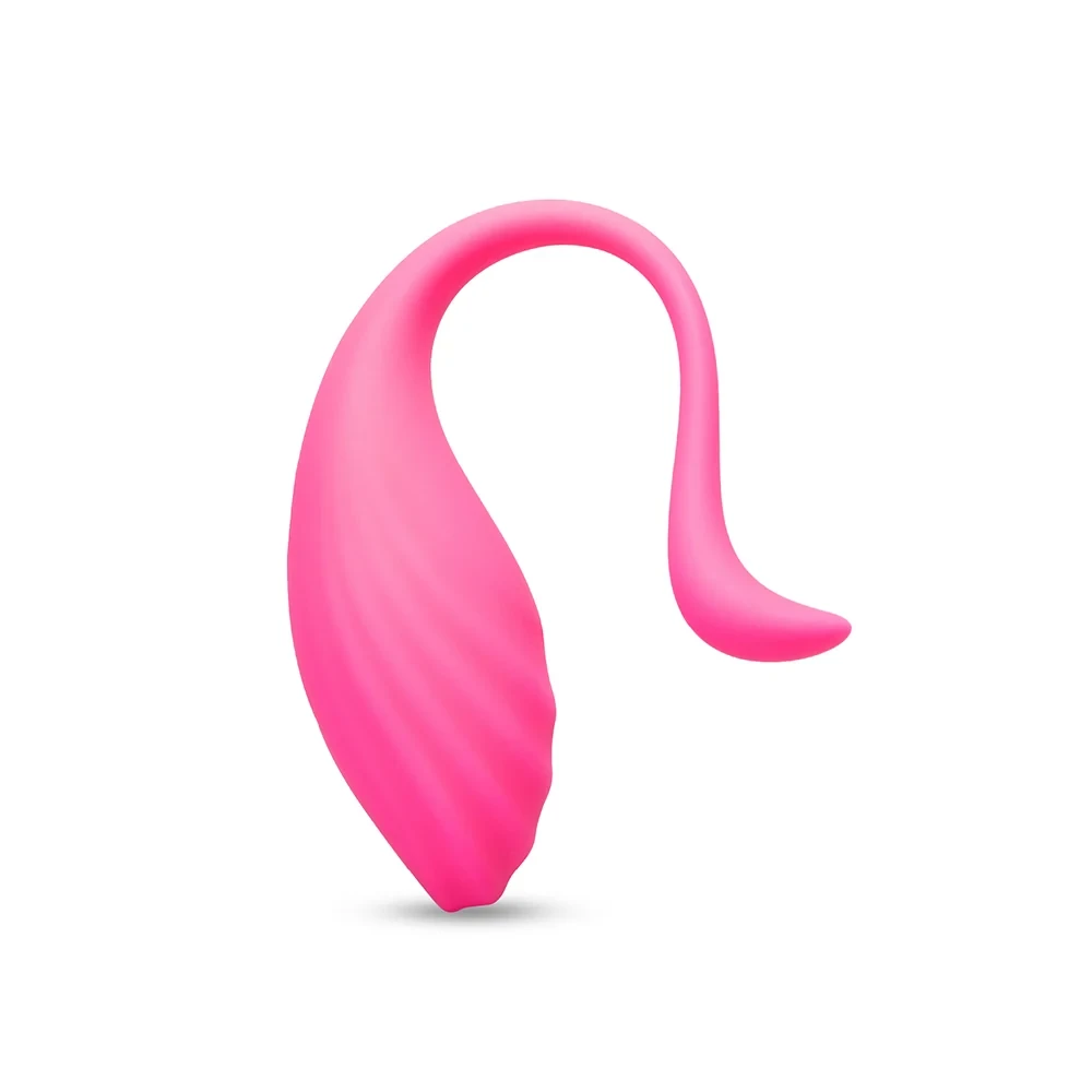 Smallest Together Ménage à Trois vibrating egg, 34 mm diameter, in hot pink ribbed silicone with retrieval cord.